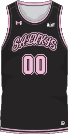 Design of Black Jersey with pink around all trim on the bottom, arms and neck. Jersey has the Underarmour, Missouri Valley Conference logos and the pink jersey number 00